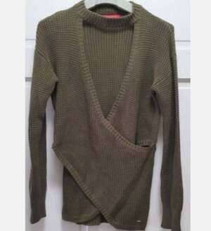 GUESS Olive Green Waffle Knit Faux Wrap Cutout Crew Neck Sweater